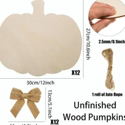 12PCS Large Wooden Pumpkin Cutouts 12 Inch – Unfinished Blank Wood Pumpkins with Bows, Rope & Glue Dots, DIY Fall Thanksgiving Halloween Door Signs & Home Party Decorations