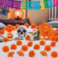 100PCS Marigold Flower Heads with Stems (Orange)