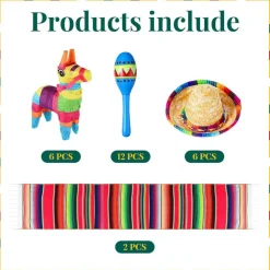 6 Pcs Mexican Decor Fiesta Decorations Include 6 Donkey Pinatas 12 Large Fiesta Maracas 2 Mexican Serape Table Runners 6 Mexican Sombrero Hats for Mexican Decorations Favors(Boho)