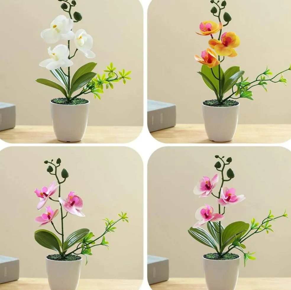4pcs Mini Artificial Orchid Flowers – Lifelike Potted Orchids for Home, Office & Wedding Décor