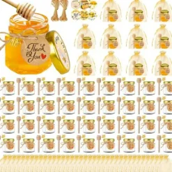 48 Pcs Mini Honey jars-1.5oz, Hexagon honey jars with dipper,gold cover,bee pendant,Gold Gift Bags,rope,Thank-You Tags,Glass Honey jars with lids,Baby Shower,Wedding Favors,Party Favors