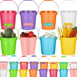 24Pcs Mini Metal Buckets 4.13 Inch, Colorful Galvanized Pails with Wooden Handles for Candy, Party Favors, Crafts, Wedding, Halloween and Christmas Decorations