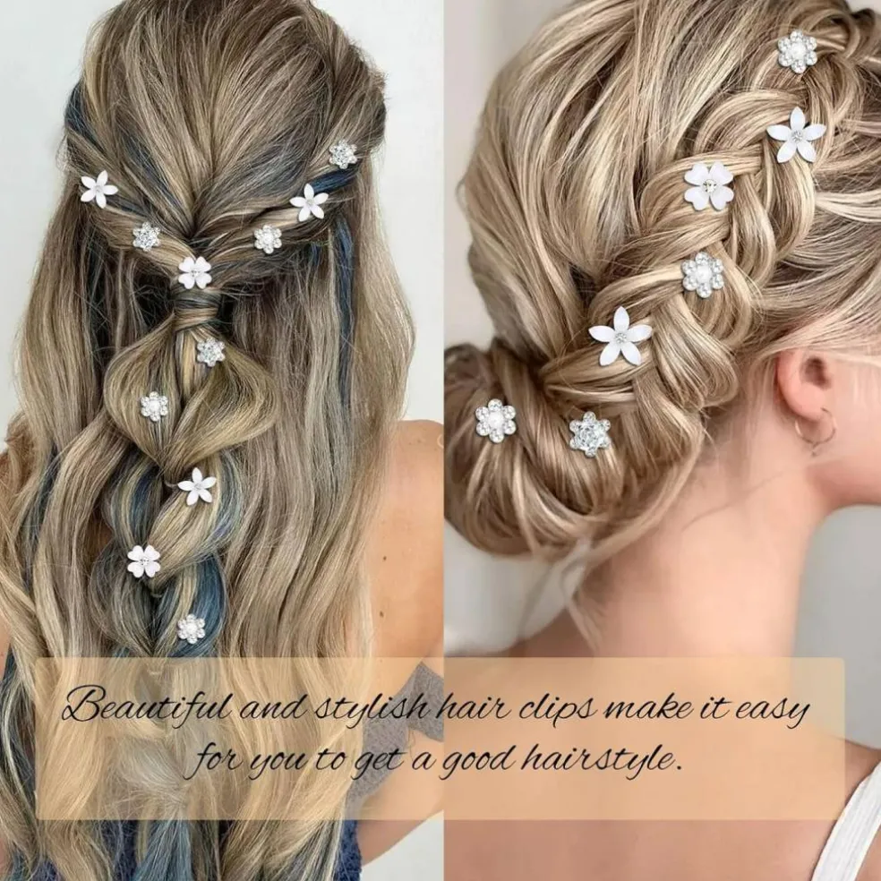 40 Pcs Mini White Rhinestone Flower Hair Clips (White)