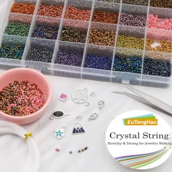 14400 PCS 3mm Glass Seed Beads Kit – 24 Colors Metallic Pony Beads Set with String, Tweezers & Needles for Jewelry Making, Bracelets, Necklaces & DIY Crafts