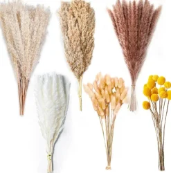 100PCS Natural Dried Pampas Grass Decor - 17.5" Fluffy Pampas Grass Bouquet - Boho Home Decor Dried Flowers for Wedding Floral Room Home Party Table Decorations