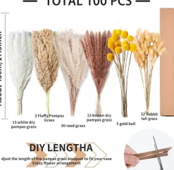100PCS Natural Dried Pampas Grass Decor - 17.5" Fluffy Pampas Grass Bouquet - Boho Home Decor Dried Flowers for Wedding Floral Room Home Party Table Decorations