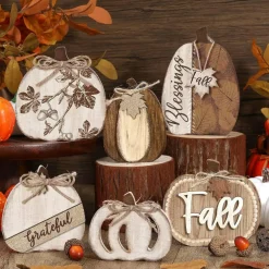 6 Pcs Neutral Fall Pumpkin Table Decor, Wooden Hello Fall Block Signs, Rustic Pumpkin Tiered Tray Decorations, Farmhouse Autumn Thanksgiving Table Centerpieces for Home Office