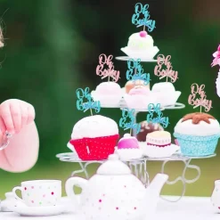 36Pcs Oh Baby Cupcake Toppers Pink Blue Bow Glitter Baby Shower Gender Reveal Cupcake Picks for Boy or Girl Theme Baby Shower Kids Birthday Party Cake Decorations Supplies