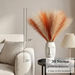 30Pcs Orange Faux Pampas Grass 22 Inch Fluffy Artificial Stems Burnt Orange Taupe Vase Filler Fall Wedding Home Decor