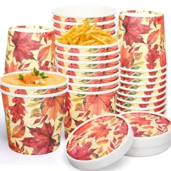 50Pcs 12Oz Fall Maple Leaf Kraft Paper Soup Containers with Lids Autumn Paper Food Bows Disposable Cups for Thanksgiving Party Storing Food Carrying Out