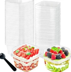 100Pcs 8oz Plastic Dessert Cups with Lids and Spoons,Disposable Parfait Cup Square Cake Containers for Party