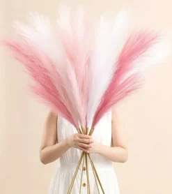 9 Pcs 45" Pampas Grass Tall Pink White Decor Faux Dried Fluffy Fake Long Light Pink Pompas Artificial Pompous Stems Bouquet Flower Vase Filler Home Wedding Room Wall Decoration