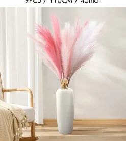 9 Pcs 45" Pampas Grass Tall Pink White Decor Faux Dried Fluffy Fake Long Light Pink Pompas Artificial Pompous Stems Bouquet Flower Vase Filler Home Wedding Room Wall Decoration