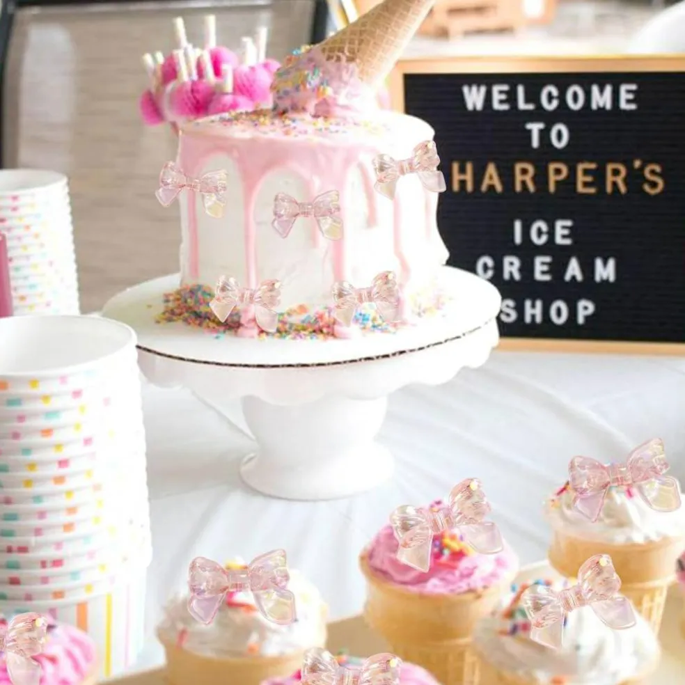 24PCS Pink Bow Cake Toppers – Cupcake Picks for Baby Shower, Birthday & Wedding