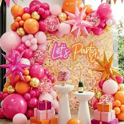 150PCS Pink & Orange Balloon Garland Arch Kit – Sunset Tropical Balloon Arch Set with Hot Pink, Orange, Metallic Gold & Confetti Balloons + Star Foil Balloons for Summer Birthday, Wedding & Party Decorations