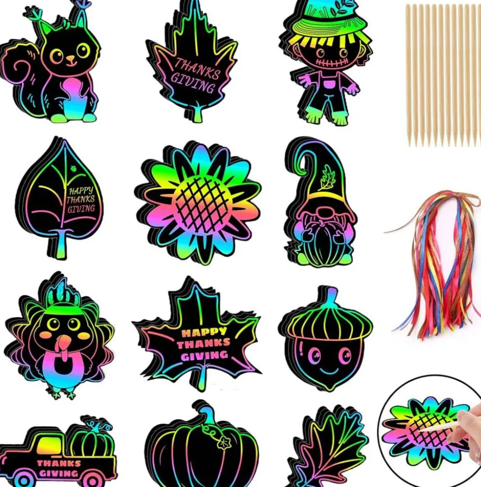 36Pcs - Rainbow Scratch Thanksgiving Paper Arts and Crafts for Kids