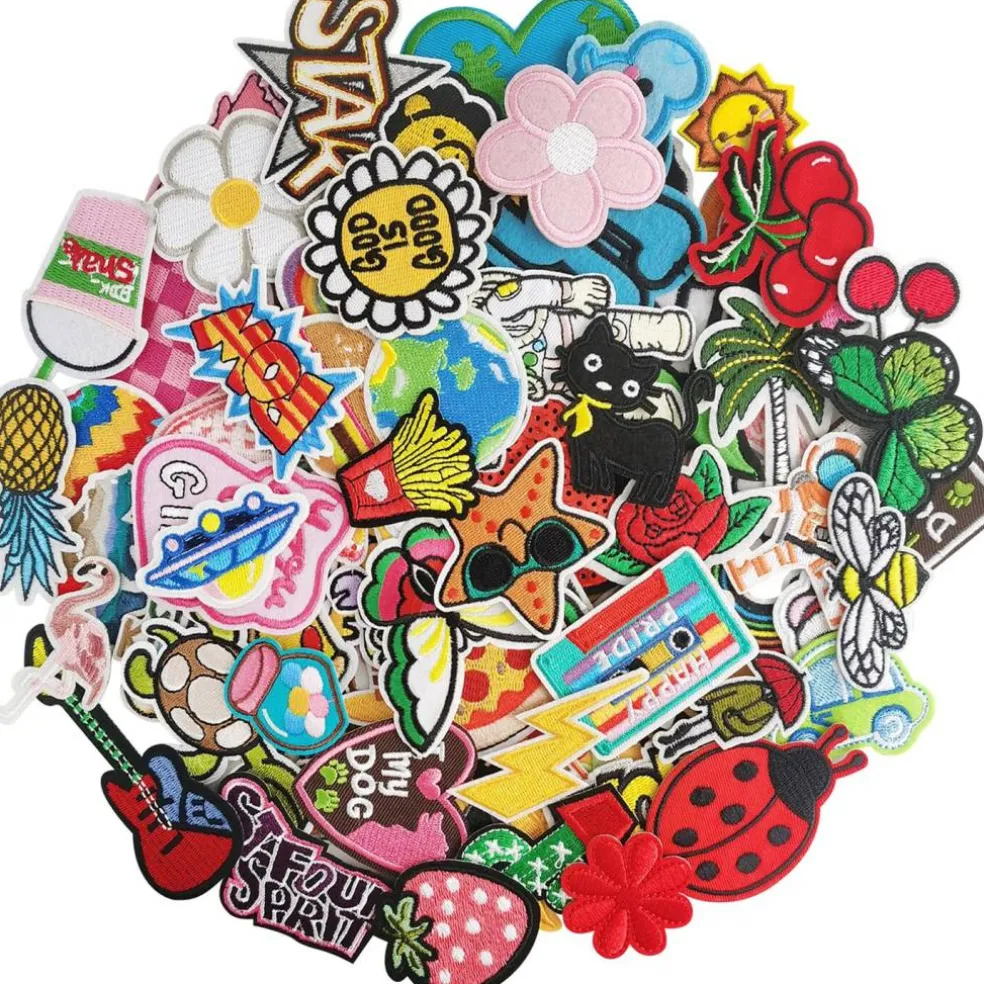 100Pcs Random Assorted Styles Embroidered Patches, Sew on/Iron on Patch Applique for Clothes, Dress, Hat, Jeans, DIY Accessories
