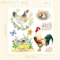 9PCS Rooster Rub On Transfers – Rustic Farm Animal Furniture Decals – Vintage UV Transfer Stickers for Wood, Glass, Vases & DIY Farmhouse Home Decor Crafts (6.5"x6.5")