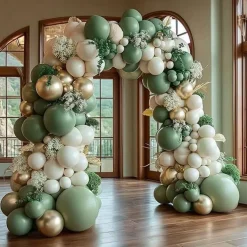 155Pcs Sage Green Balloon Garland Kit with White Sand & Metallic Gold Latex Balloons, Jungle Safari Baby Shower Birthday Party Arch Decorations with Glue Dots & Ribbon Set