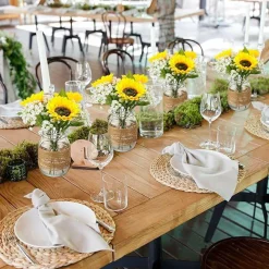 85pcs (12 Set) Sunflower Mason Jar Centerpiece Vases – Faux Floral with Rope, Boho Rustic Table Decorations for Wedding, Bridal Shower, Engagement, Reception & Party