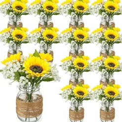 85pcs (12 Set) Sunflower Mason Jar Centerpiece Vases – Faux Floral with Rope, Boho Rustic Table Decorations for Wedding, Bridal Shower, Engagement, Reception & Party
