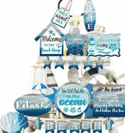 21 Pcs Summer Beach Tiered Tray Decor Set Farmhouse Tray Decor Items Sea Turtle Shell Conch Wood Sign Rustic Beach Table Decoration for Home Kitchen Hawaii Party Holiday Outdoor Shelf