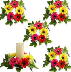 4 PCS Summer Candle Rings for Pillar & Taper Candles, Artificial Gerbera Daisy Floral Candle Wreaths, 3.15 Inch Center Table Centerpieces for Wedding, Party & Seasonal Home Decor