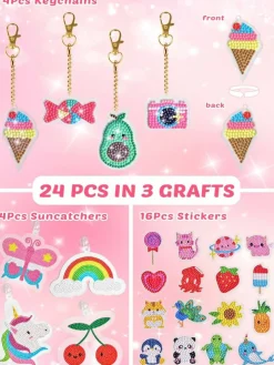 24Pcs Summer Diamond Art Kits for Kids, Diamond Painting Kits, Arts and Crafts for Kids Ages 6-8-12, Gem Art As Gifts Ideas for Girls Boys, Small Diamond Painting Stickers, Kids Craft Age 6+