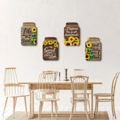 4 Pcs Summer Kitchen Wall Decor Mason Jar Set Wooden Rustic Home Decor Inspirational Kitchen Hanging Farmhouse Wall Signs for Home decoration(Sunflower)