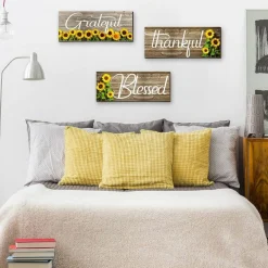 3 Pcs Sunflower Wall Decor Art Signs Wooden Hanging Wall Plaques Sunflowers Prints Decor for Thanksgiving Bathroom Bedroom Kitchen(10 x 4 x 0.2 Inch,White Words)