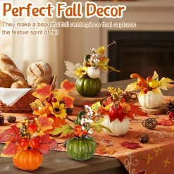 6 Pcs Thanksgiving Pumpkin Decor Set, Fall Table Centerpieces with Faux Pumpkins, Berries, Acorns, Pine Cones & Maple Leaves, Artificial Autumn Decorations for Home Table, Mantel, Wreath, Party & Harvest Decor