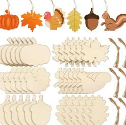 60PCS Thanksgiving Unfinished Wooden Ornament Set, Maple Leaves, Pumpkin, Turkey, Acorn & Squirrel Wood Cutouts, DIY Paintable Craft Tags for Fall Decorations, Party Supplies & Seasonal Crafts (6 Styles)