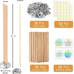200 Pcs Thicked Wood Candle Wicks for Candle Making, 5.1 X 0.51X 0.06 Inch Upgrade Wood Wicks, Wooden Wicks Box Includes Iron Stander, Glue Dot, and Warning Labels (50 Sets)