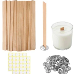 150 Pcs Thickned Wooden Candle Wicks. 5.1 X 0.5 X 0.06 Inch Upgrade Crackling Wooden Wicks, Long Lasting Smokeless Wood Wicks with Iron Standers, Wick Stickers, and Warning Labels- 50 Sets