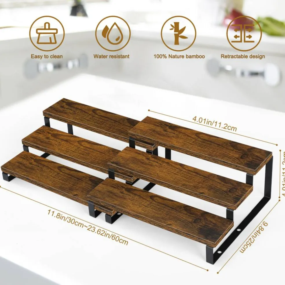 2/4Pcs 3-Tier Expandable Wooden Spice Rack Organizer – Adjustable Cabinet & Countertop Shelf for Kitchen, Pantry, Bathroom, or Office