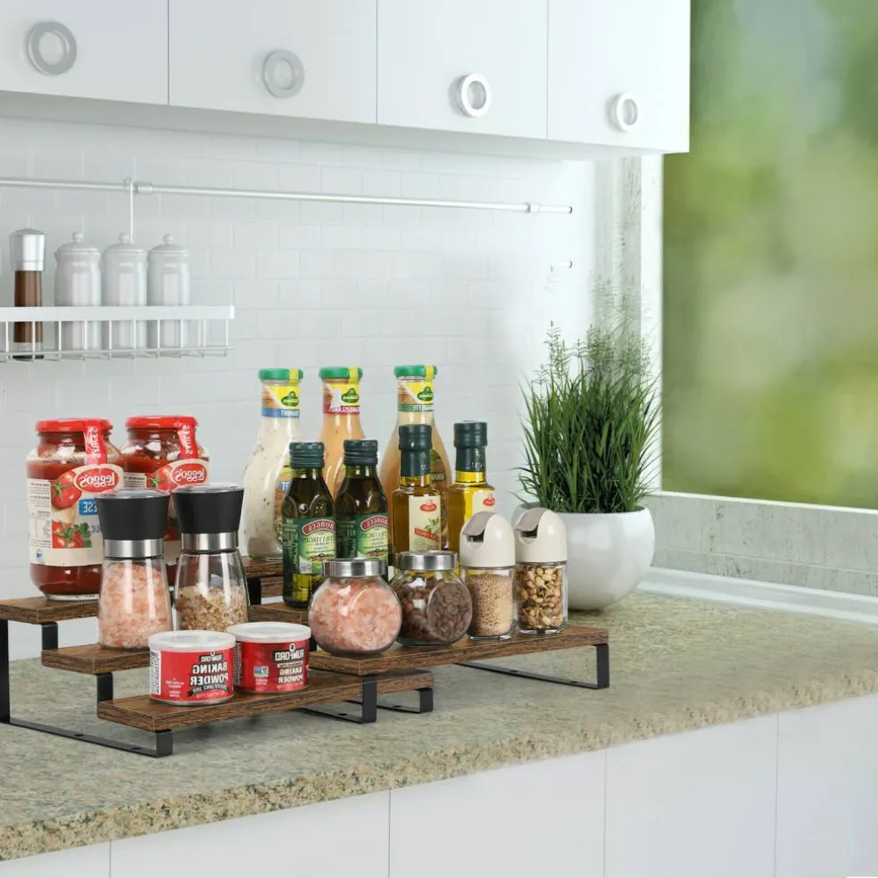 2/4Pcs 3-Tier Expandable Wooden Spice Rack Organizer – Adjustable Cabinet & Countertop Shelf for Kitchen, Pantry, Bathroom, or Office