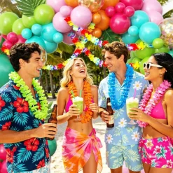 136pcs Tropical Balloon Arch Kit – Hawaiian Luau Party Decorations with Hot Pink, Green, Teal, Orange & Gold Confetti Balloons – Palm Leaves & Flower Lei Garland for Summer, Birthday & Beach Party