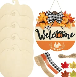 5 Pcs Unfinished Wooden Pumpkin Cutouts with 80 Fake Maple Leaves, Burlap Ribbons & Hemp Rope, Fall Pumpkin Wood Slices for DIY Crafts, Thanksgiving Halloween Decor, Door Signs & Home Decorations