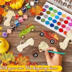32PCS Unfinished Wooden Truck Cutouts – Fall DIY Craft Set (4 Styles) Pumpkin Maple Leaf Turkey Blank Wood Ornaments for Thanksgiving, Halloween & Autumn Party Decorations