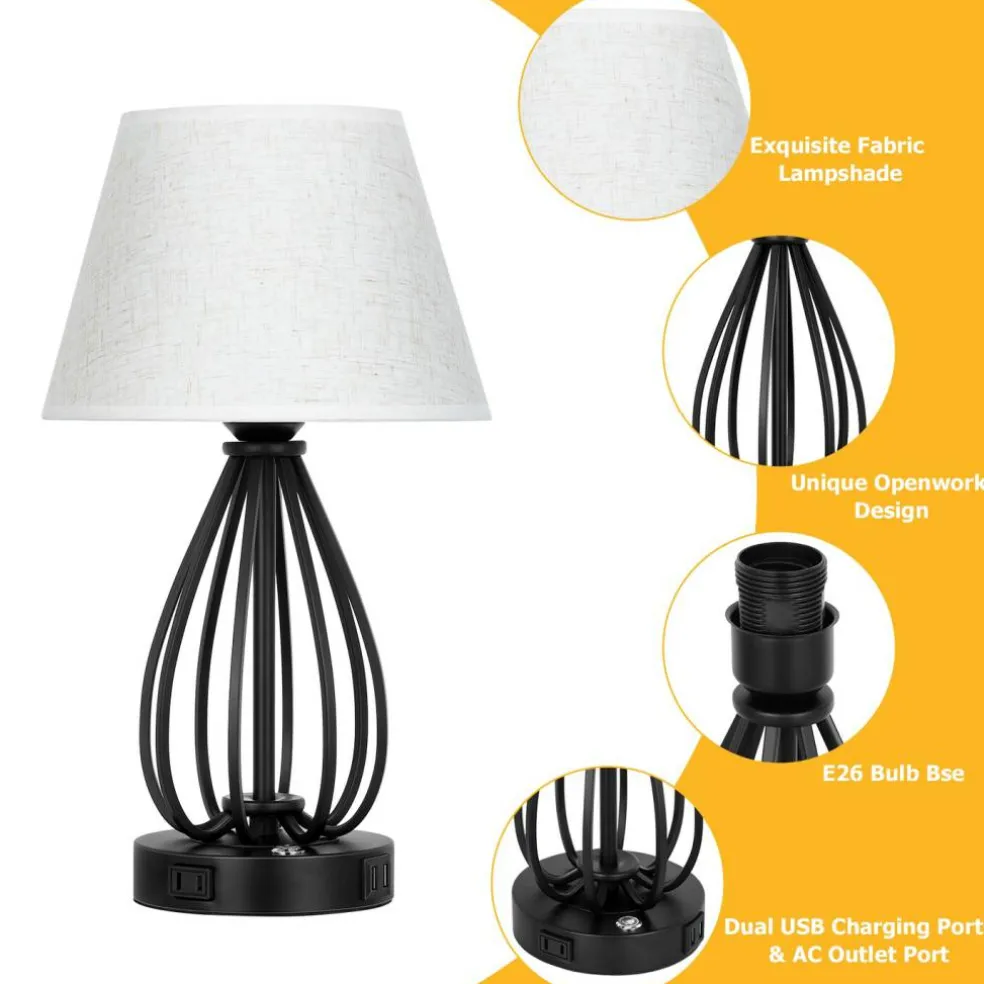 2pcs USB Touch Control Desk Lamp Set Bedside Table Lamps with AC Socket & Dual USB Ports, 3-Way Dimmable, Linen Shade Eye-Caring Nightstand Lighting