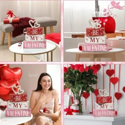 4 PCS Valentine Wooden Sign Love Table Centerpiece Faux Book Stack Decor