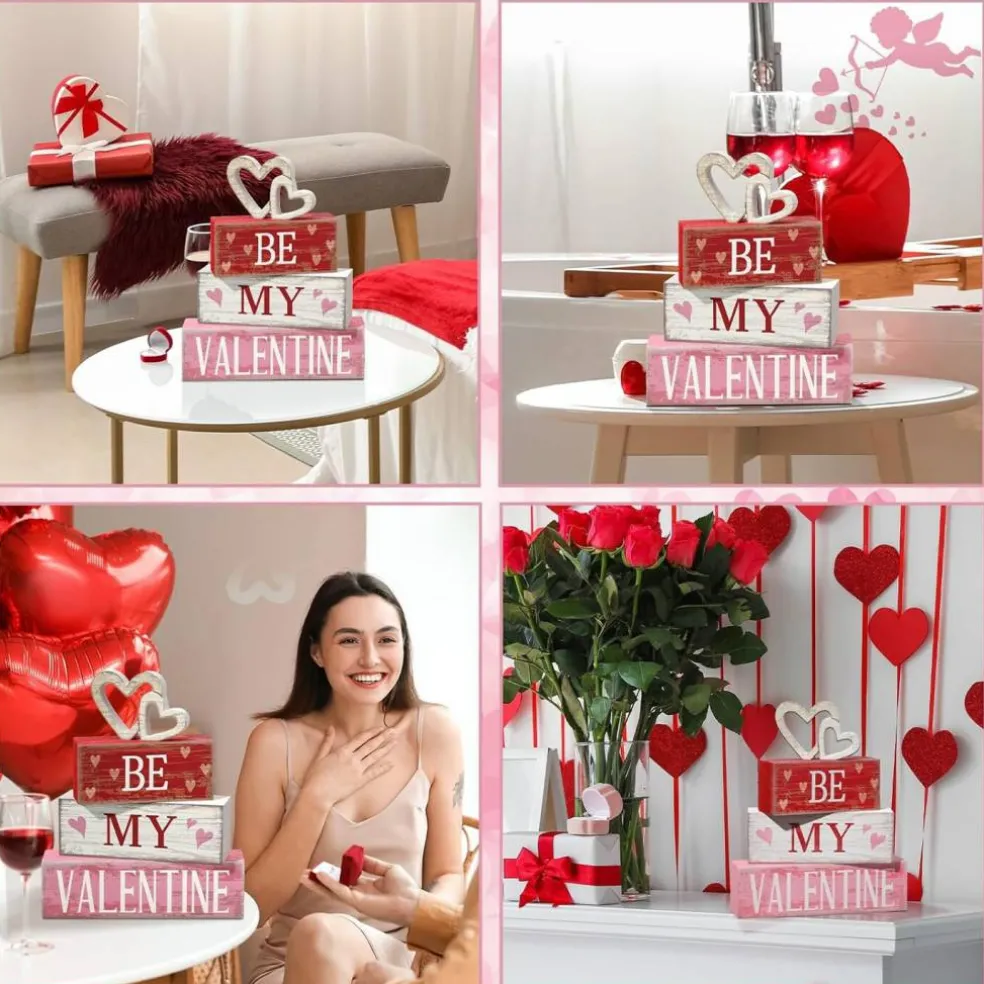 4 PCS Valentine Wooden Sign Love Table Centerpiece Faux Book Stack Decor
