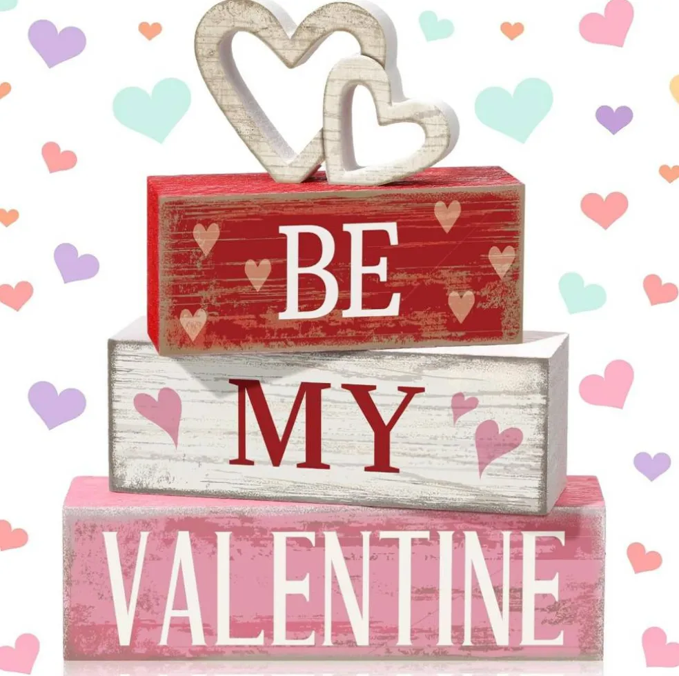 4 PCS Valentine Wooden Sign Love Table Centerpiece Faux Book Stack Decor