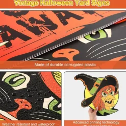 8 Pcs Vintage Halloween Yard Signs with Stakes, Retro Witch Pumpkin Ghost Cat Skeleton Owl Lawn Decorations, Waterproof Outdoor Halloween Signs for Front Yard Garden Porch Haunted House Party Decor
