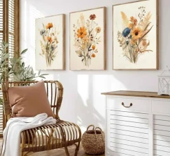 3 Pcs Vintage Wildflower Canvas Wall Art Botanical Floral Watercolor Prints Farmhouse Country Wall Decor Framed Poster Set for Living Room Bedroom Bathroom Girls Room Home Decoration