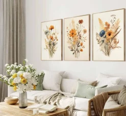 3 Pcs Vintage Wildflower Canvas Wall Art Botanical Floral Watercolor Prints Farmhouse Country Wall Decor Framed Poster Set for Living Room Bedroom Bathroom Girls Room Home Decoration