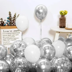 100PCS White Silver Balloon Garland Arch Kit, Metallic Silver Confetti White Latex Balloons in Assorted Sizes with Arch Strip and Glue Dots for Wedding Birthday Baby Shower Party Decorations
