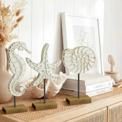 3 Pcs Wooden Coastal Beach Decor Set – Starfish, Conch & Seahorse Nautical Figurines, Neutral Ocean Theme Table Centerpieces for Living Room, Shelf, Bathroom & Beach House Decor
