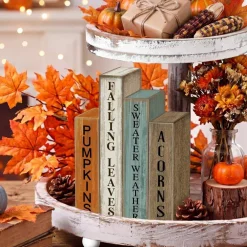 4 PCS Wooden Fall Book Stack Decor – Rustic Farmhouse Autumn Table Decorations with Pumpkin, Falling Leaves & Acorns for Tiered Tray, Shelf, Coffee Table & Thanksgiving Home Decor