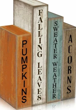4 PCS Wooden Fall Book Stack Decor – Rustic Farmhouse Autumn Table Decorations with Pumpkin, Falling Leaves & Acorns for Tiered Tray, Shelf, Coffee Table & Thanksgiving Home Decor